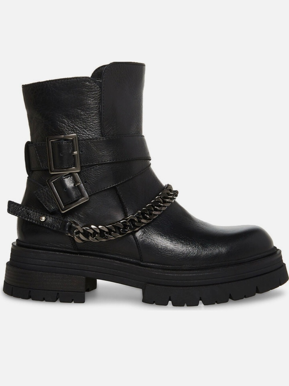 Steve Madden “Sloan” Chunky Black Leather Chain Strap Ankle Boots - Picture 2 of 8